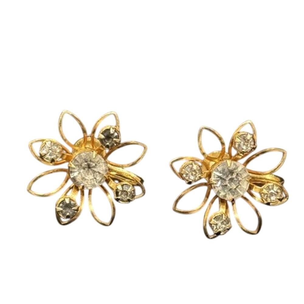 Vtg B.N. Bugbee & Niles Rhinestone Flower Spray Screw Back Earrings Gold Tone*